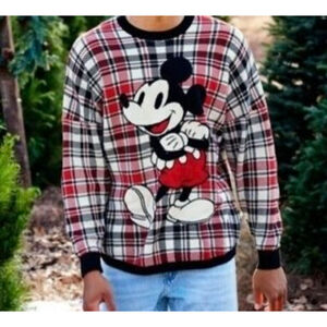 Disney Spirit Jersey Unisex Red Black Plaid Mickey Mouse Sweater Small